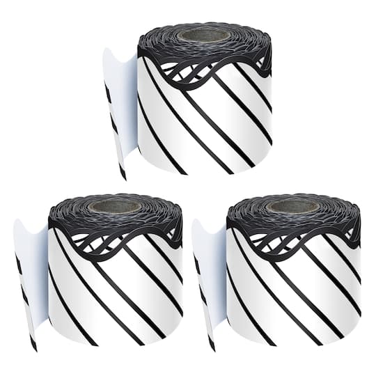 Carson Dellosa® Kind Vibes Black & White Stripes Rolled Scalloped Border, 195ft.